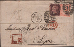 141608 1873 MAIL LONDON TO LYON, FRANCE WITH 1D (SG43) AND 4D VERMILION (SG94) WITH BOXED 'L2' LATE FEE HAND STAMP.