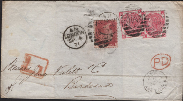 141609 1871 MAIL LONDON TO BORDEAUX WITH 1D (SG43), 3D ROSE PL.6 (SG103) X 2 AND BOXED 'L1' HAND STAMP.