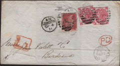 141609 1871 MAIL LONDON TO BORDEAUX WITH 1D (SG43), 3D ROSE PL.6 (SG103) X 2 AND BOXED 'L1' HAND STAMP.