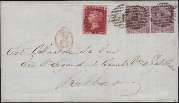 141610 1866 MAIL LONDON TO BILBAO, SPAIN WITH 1D (SG43) AND PAIR 6D LILAC (SG97) WITH 1D LATE FEE.