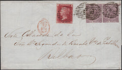 141610 1866 MAIL LONDON TO BILBAO, SPAIN WITH 1D (SG43) AND PAIR 6D LILAC (SG97) WITH 1D LATE FEE.