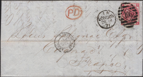 141611 1871 MAIL LONDON TO COGNAC, FRANCE WITH 3D ROSE PL.6 (SG103).