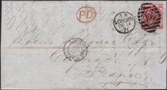 141611 1871 MAIL LONDON TO COGNAC, FRANCE WITH 3D ROSE PL.6 (SG103).