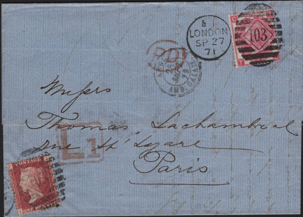 141612 1871 MAIL LONDON TO PARIS WITH 3D ROSE (SG103), 1D PL.147 (SG43) AND BOXED 'L1' LATE FEE HAND STAMP.