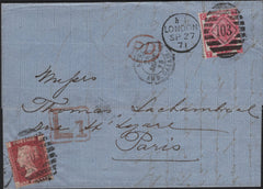 141612 1871 MAIL LONDON TO PARIS WITH 3D ROSE (SG103), 1D PL.147 (SG43) AND BOXED 'L1' LATE FEE HAND STAMP.