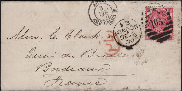 141613 1870 MAIL LONDON TO BORDEAUX WITH 3D ROSE (SG103) PL.5.