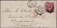 141613 1870 MAIL LONDON TO BORDEAUX WITH 3D ROSE (SG103) PL.5.