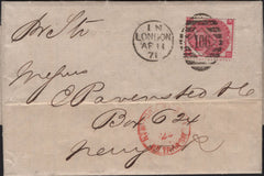141614 1871 MAIL LONDON TO NEW YORK WITH 3D ROSE PL.6 (SG103).