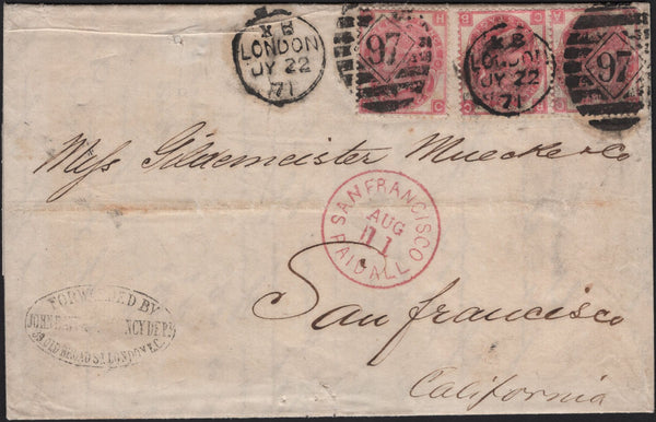 141615 1871 MAIL LONDON TO SAN FRANCISCO, CALIFORNIA WITH 3D ROSE PL.6 (SG103) X 3.