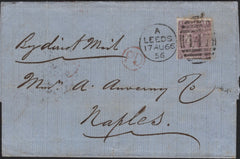 141616 1866 MAIL LEEDS TO NAPLES WITH 6D LILAC (SG97) X 2.
