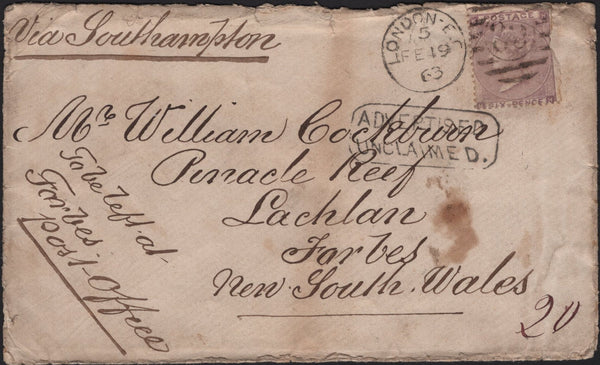 141617 1863 MAIL LONDON TO NEW SOUTH WALES WITH 6D LILAC (SG84) WITH 'ADVERTISED/UNCLAIMED' HAND STAMP.