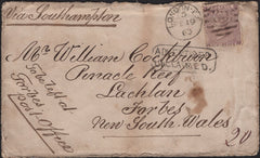 141617 1863 MAIL LONDON TO NEW SOUTH WALES WITH 6D LILAC (SG84) WITH 'ADVERTISED/UNCLAIMED' HAND STAMP.
