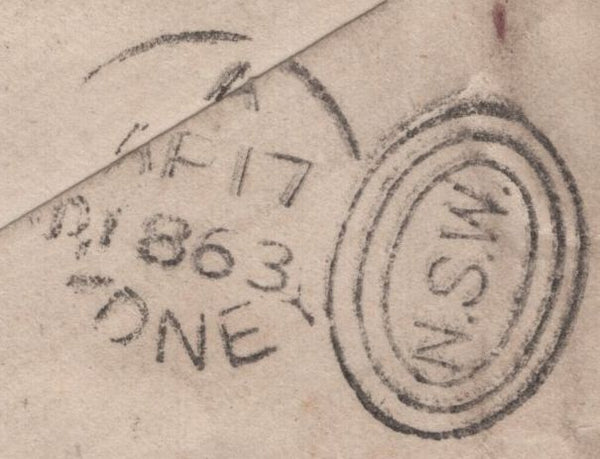 141617 1863 MAIL LONDON TO NEW SOUTH WALES WITH 6D LILAC (SG84) WITH 'ADVERTISED/UNCLAIMED' HAND STAMP.