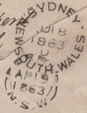 141617 1863 MAIL LONDON TO NEW SOUTH WALES WITH 6D LILAC (SG84) WITH 'ADVERTISED/UNCLAIMED' HAND STAMP.