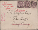 141619 1885 MAIL HELSTON, CORNWALL TO HONG KONG WITH 1D LILAC (SG172) X 2 , 3D LILAC (SG191) WITH 'V CROWN R/FOUND OPEN AND OFFICIALLY SEALED' RESEALING LABEL.