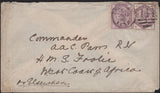141620 1885 MAIL BROMLEY, KENT TO 'HMS FROLIC, WEST COAST OF AFRICA OR ELSEWHERE' WITH 1D LILAC (SG172) AND 3D LILAC (SG191).