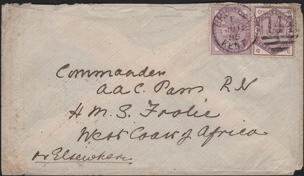 141620 1885 MAIL BROMLEY, KENT TO 'HMS FROLIC, WEST COAST OF AFRICA OR ELSEWHERE' WITH 1D LILAC (SG172) AND 3D LILAC (SG191).