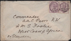 141620 1885 MAIL BROMLEY, KENT TO 'HMS FROLIC, WEST COAST OF AFRICA OR ELSEWHERE' WITH 1D LILAC (SG172) AND 3D LILAC (SG191).