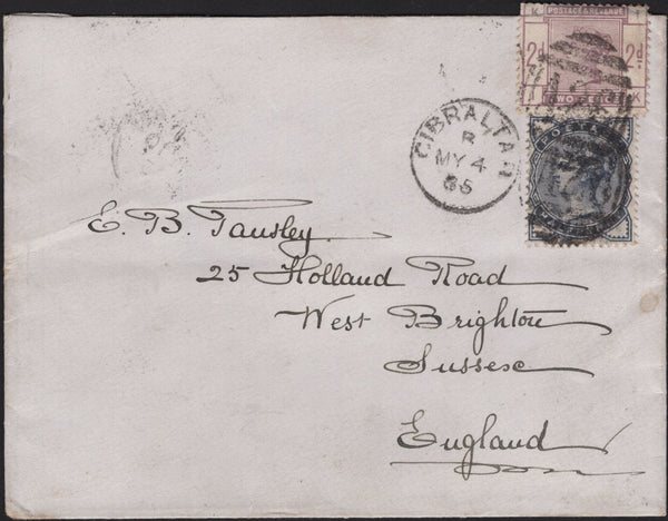 141621 1886 MAIL GIBRALTAR TO SUSSEX WITH ½D SLATE-BLUE (SG187) AND 2D LILAC (SG189).