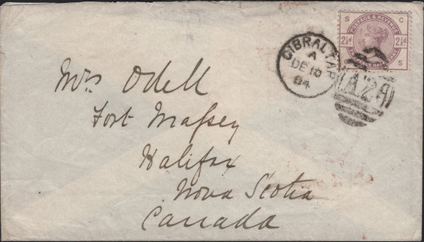 141622 1884 MAIL GIBRALTAR TO NOVA SCOTIA, CANADA WITH 2½D LILAC (SG190).