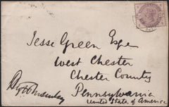 141624 1885 MAIL PORTSMOUTH TO USA WITH 2½D LILAC (SG190) 'PORTSMOUTH SORTING CARRIAGE' DATE STAMP.