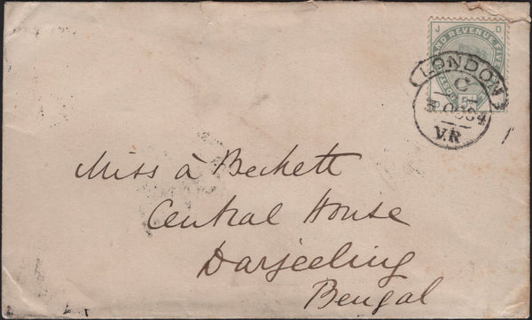 141628 1884 MAIL 'WAR OFFICE' ENVELOPE TO BENGAL WITH 5D GREEN (SG193) 'LONDON/V.R' HOODED CIRCLE AS USED AT THE ROYAL HOUSEHOLD.