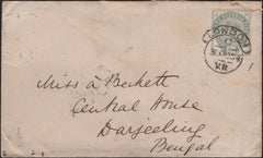 141628 1884 MAIL 'WAR OFFICE' ENVELOPE TO BENGAL WITH 5D GREEN (SG193) 'LONDON/V.R' HOODED CIRCLE AS USED AT THE ROYAL HOUSEHOLD.
