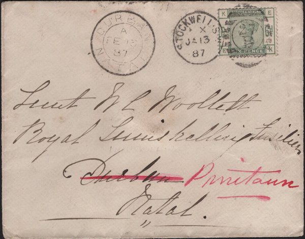 141629 1887 MAIL STOCKWELL, LONDON TO NATAL WITH 6D GREEN (SG194).