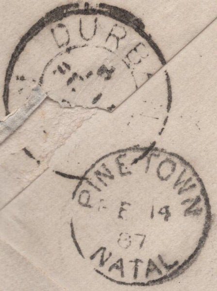 141629 1887 MAIL STOCKWELL, LONDON TO NATAL WITH 6D GREEN (SG194).