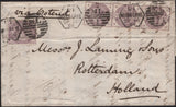 141631 1884 MAIL LONDON TO ROTTERDAM WITH 2½D LILAC (SG190) X 3 PAYING TRIPLE RATE AND 1D LILAC (SG172) LATE FEE.