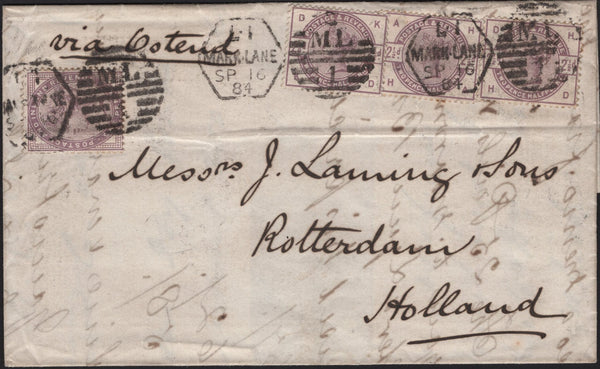 141631 1884 MAIL LONDON TO ROTTERDAM WITH 2½D LILAC (SG190) X 3 PAYING TRIPLE RATE AND 1D LILAC (SG172) LATE FEE.