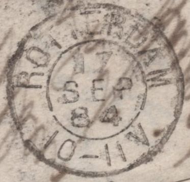 141631 1884 MAIL LONDON TO ROTTERDAM WITH 2½D LILAC (SG190) X 3 PAYING TRIPLE RATE AND 1D LILAC (SG172) LATE FEE.