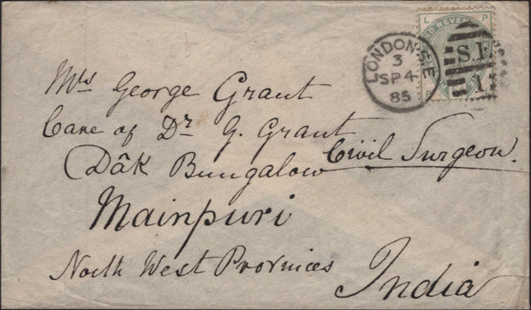 141632 1885 MAIL LONDON TO MAINPURI, NORTH WEST PROVINCES, INDIA WITH 5D GREEN (SG193).