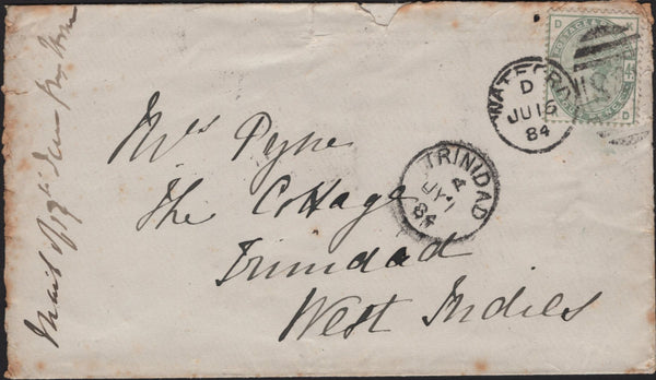 141633 1884 MAIL WATFORD TO TRINIDAD, WEST INDIES WITH 4D GREEN (SG192).