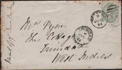 141633 1884 MAIL WATFORD TO TRINIDAD, WEST INDIES WITH 4D GREEN (SG192).