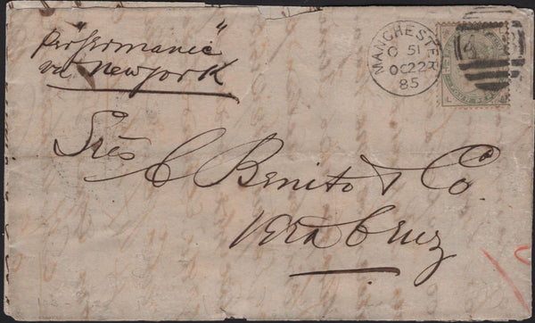 141634 1885 MAIL MANCHESTER TO VERA CRUZ, MEXICO WITH 4D GREEN (SG192).