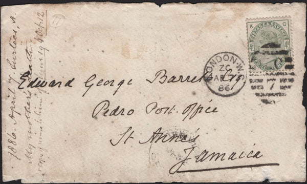 141635 1886 MAIL LONDON TO ST ANNE'S, JAMAICA WITH 4D GREEN (SG192).