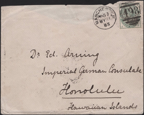 141636 1885 MAIL MANCHESTER TO HONOLULU, HAWAIIAN ISLANDS WITH 4D GREEN (SG192).