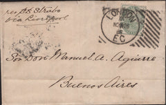 141637 1886 MAIL LONDON TO BUENOS AIRES, ARGENTINA, 4D GREEN (SG192) WITH FINE 'HOSTER' CANCELLATION.