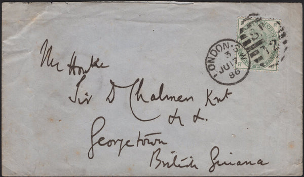 141638 1886 MAIL LONDON TO BRITISH GUIANA WITH 4D GREEN (SG192).