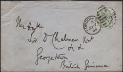 141638 1886 MAIL LONDON TO BRITISH GUIANA WITH 4D GREEN (SG192).