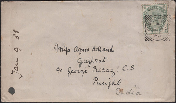 141639 1885 MAIL CANTERBURY, KENT TO PUNJAB, INDIA WITH 5D GREEN (SG193).