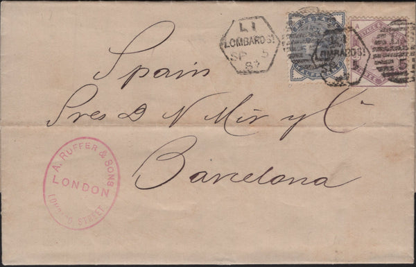 141640 1887 MAIL LONDON TO BARCELONA ½D SLATE-BLUE (SG187) AND 3D LILAC (SG191).