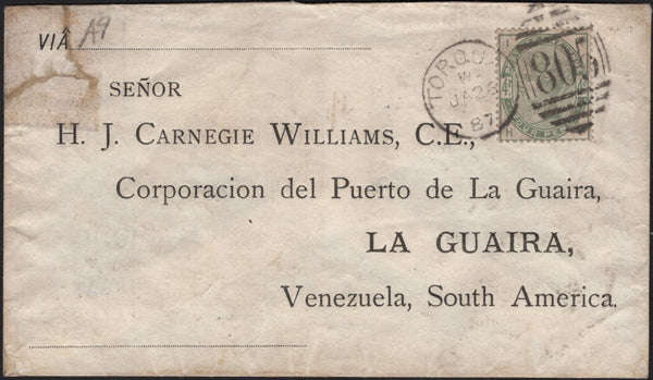 141641 1887 MAIL TORQUAY, DEVON TO VENEZUELA WITH 4D GREEN (SG192).