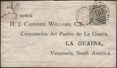 141641 1887 MAIL TORQUAY, DEVON TO VENEZUELA WITH 4D GREEN (SG192).