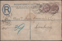 141643 1885 REGISTERED MAIL LONDON TO HAMBURG WITH 2½D LILAC (SG190) X 2 WITH 'LSW/BK' PERFIN.