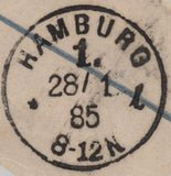 141643 1885 REGISTERED MAIL LONDON TO HAMBURG WITH 2½D LILAC (SG190) X 2 WITH 'LSW/BK' PERFIN.