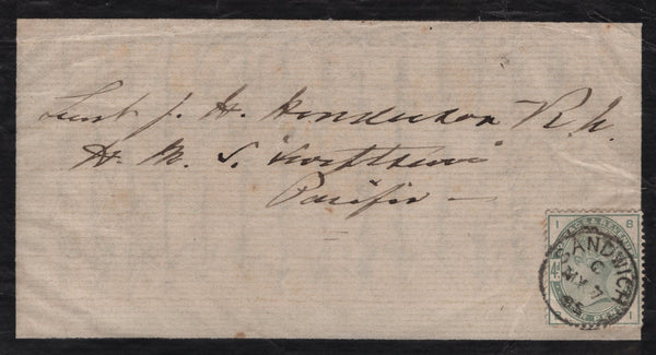 141644 1885 MOURNING ENVELOPE WITH LETTER SANDWICH, KENT TO 'H.M.S. SWIFTSURE, PACIFIC' WITH 4D GREEN (SG192).