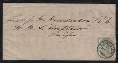 141644 1885 MOURNING ENVELOPE WITH LETTER SANDWICH, KENT TO 'H.M.S. SWIFTSURE, PACIFIC' WITH 4D GREEN (SG192).