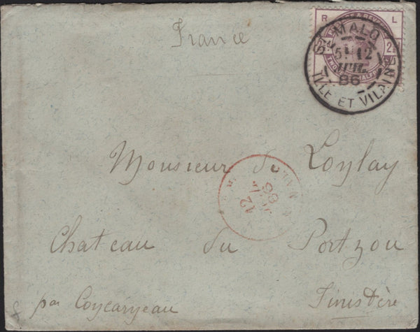 141645 1886 MAIL FROM ST MALO, FRANCE TO FINISTERE WITH GB 2½D LILAC (SG190) 'ST.MALO' CANCELLATION.